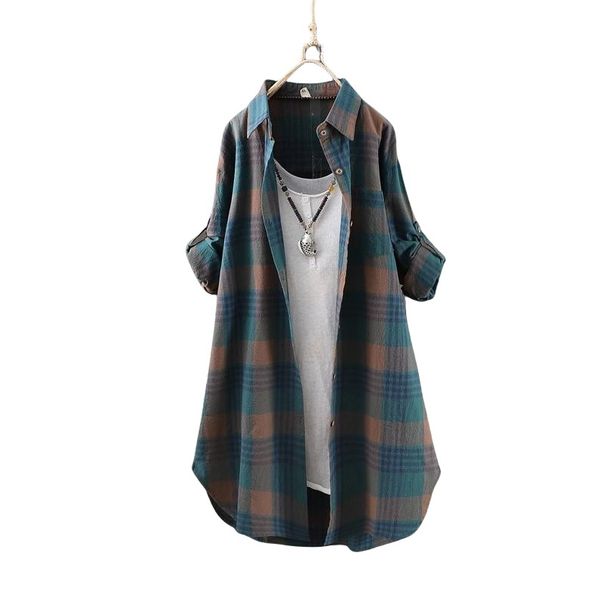 Women's Mid-Length Spring/Summer Casual Plaid Shirt In Large Size With Loose Fit, Korean-Style Long-Sleeve Top_ecoleips.com