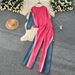 Casual Sports Suit For Women, Autumn Design, Loose Fit, Versatile Round Neck Sweatshirt, High Waist Denim Patchwork_ecoleips.com