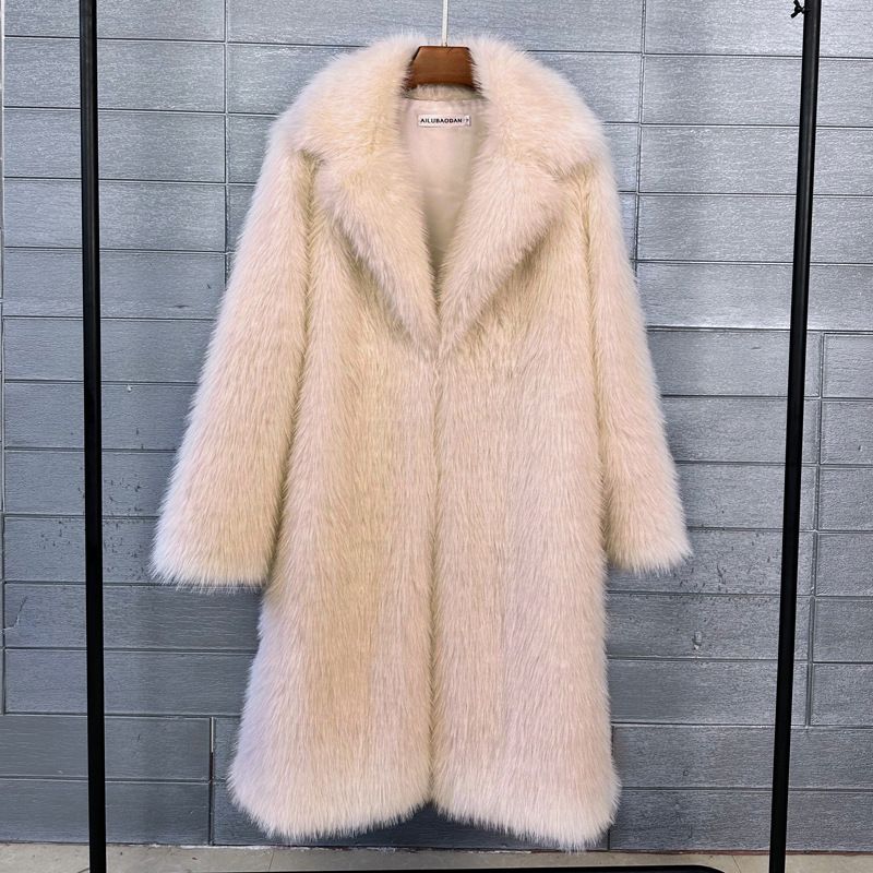 Women’s Faux Fur Coat – Mid-Length Winter Coat With Suit Collar, Plush & Warm (S-XL, White/Black/Red/Royal Blue/Rose Red/Apricot/Khaki)_ecoleips.com