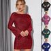 Women's Sequined Silver Thread Backless Tie Mini Dress Long Sleeve Sequined Bodycon Dress Party Club_ecoleips.com