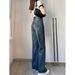 American Retro Washed Blue Micro-flared Jeans For Women, Spring High-waisted Slimming Straight Elastic Wide-leg Long_ecoleips.com
