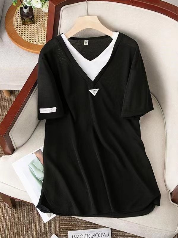 Women's Clothing Plus Size Women's Faux Two Piece T-Shirt Loose Casual Slimming Top Versatile Label Style For Formal & Casual_ecoleips.com
