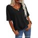 Women's T-shirt V-neck Half-sleeve Loose Shirt Casual Solid Color Basic Top_ecoleips.com