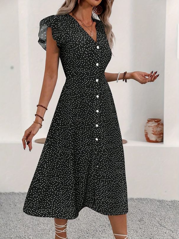 V-Neck Midi Dress With Polka Dots And Flutter Sleeves For Women, Elegant A-Line Button-Down Summer Dress_ecoleips.com