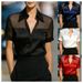 Elegant V-Neck Satin Sheer Striped Short Sleeve Shirt For Office & Casual Wear - Breathable & Stylish_ecoleips.com