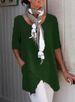 Women's Clothing Oblique Pocket Irregular Hem Round Neck Linen Mid Sleeve T Shirt_ecoleips.com