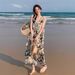 Chinese Ink Print V-neck Strap Summer Women French Niche Loose Lazy Style Over-the-knee Long Dress_ecoleips.com