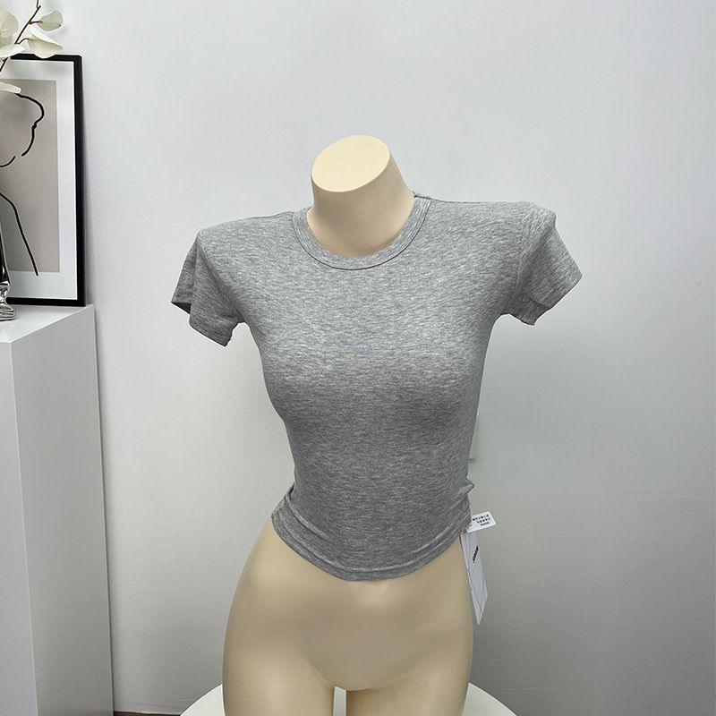 Women's Clothing Spot Skims Straight Shoulder Modal Sports T Shirt Female Nude Elastic Texture Waist Basic Round Neck Hot Girl Top_ecoleips.com