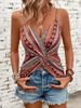 Women's Sexy V-neck Chain Printed Front Twisted Back Camisole Top, Made Of Polyester Fabric With Spaghetti Pattern_ecoleips.com