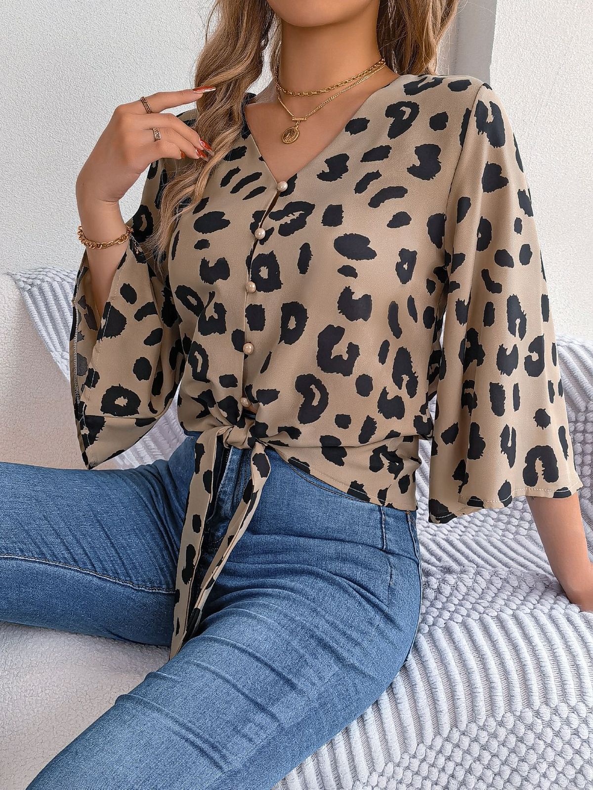 Real Shot Of The New 2026 Spring-summer European And American Casual Leopard Print Tie-up Chiffon Blouse,_ecoleips.com