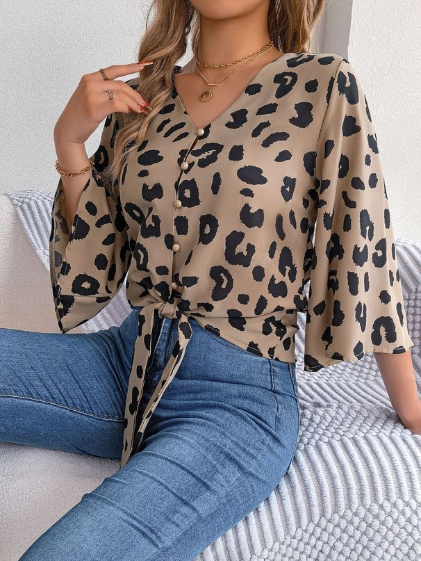 Real Shot Of The New 2026 Spring-summer European And American Casual Leopard Print Tie-up Chiffon Blouse,_ecoleips.com
