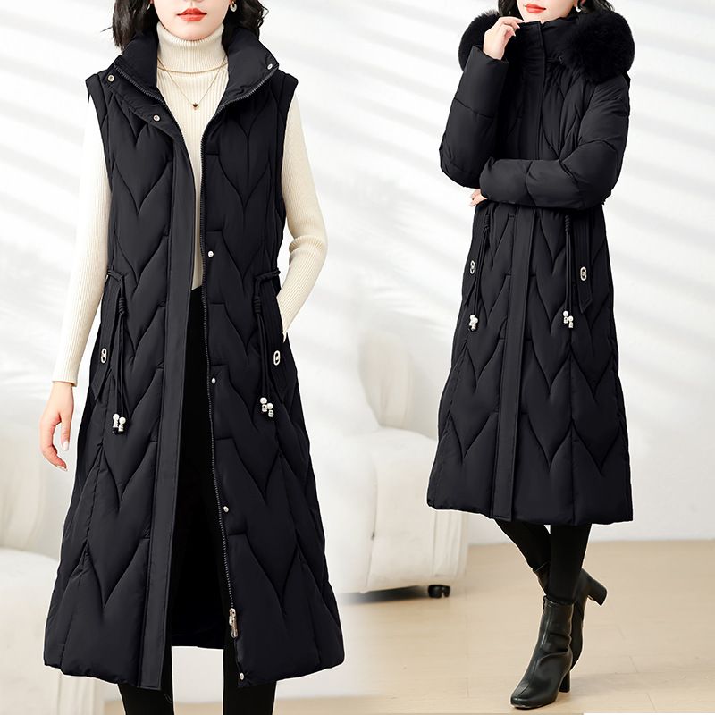 Women's Long Hooded Winter Coat With Detachable Hood, Thickened Polyester Puffer Jacket For Cold Weather, Elegant Commuter Style_ecoleips.com