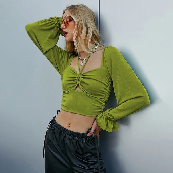 Voya 2026 Autumn/Winter European And American Fashion New Sexy Hollow Out Puff Long Sleeve Ultra-Short Women's T-Shirt With_ecoleips.com