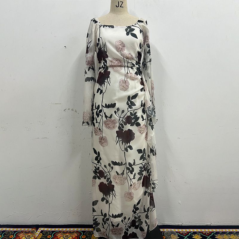 Modest Abaya Dress Floral Jacquard Mesh Gown – Black Rose Embroidery A-Line Evening Dress With Square Neck & Puff Sleeves (S-XXL)_ecoleips.com