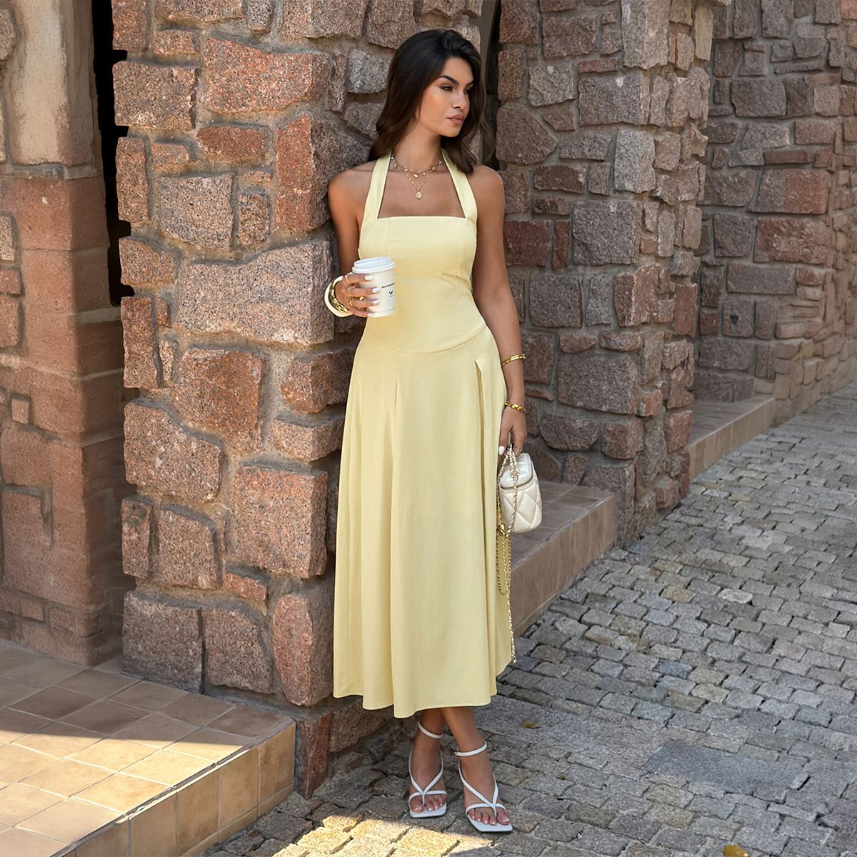 Women's Clothing Casual Halter Neck Dress Solid Color Waist Cinching Thin Summer 2026 American Style_ecoleips.com