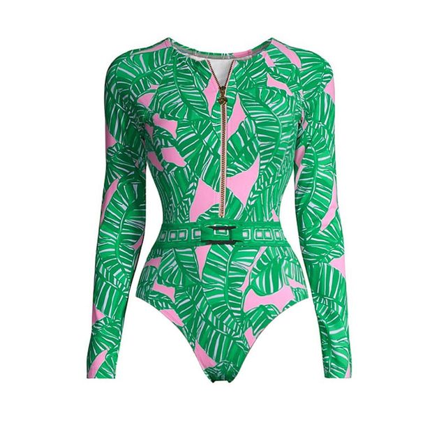Women's Clothing Swimsuit New Long Sleeved Zipper Green Printed Surf Suit_ecoleips.com