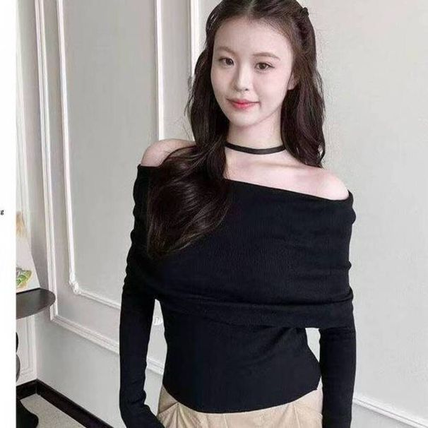 French-style Off-shoulder Red Knit Sweater For Women, Autumn And Winter, Slim-fit, Tight-fitting, Short Top_ecoleips.com