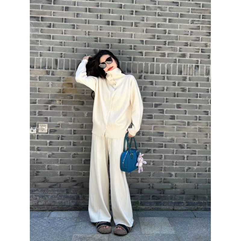 Knitted Suit Women's Autumn Collegiate Style Slimming Casual Temperament Fashionable Wide-Leg Pants Sweater Cardigan Two_ecoleips.com