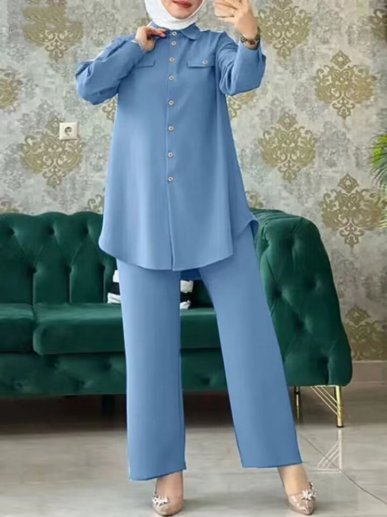 Verve Quality 2025 New Muslim Solid Color Long Sleeve Button Pocket Shirt And Pants Two-Piece Set_ecoleips.com