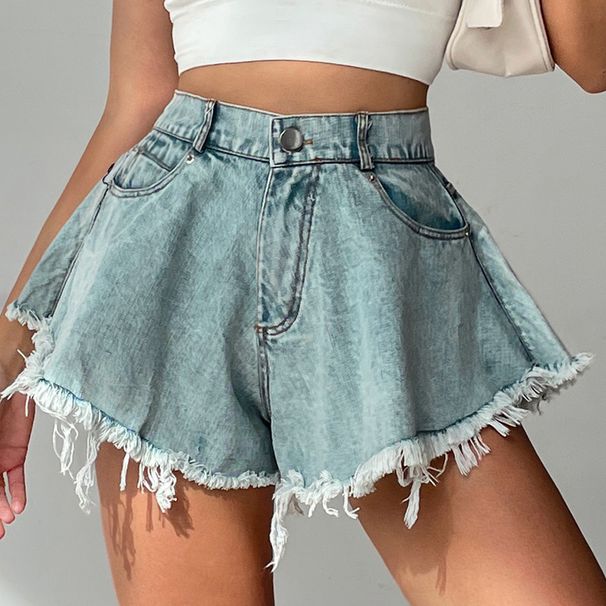 Women's Clothing Denim Shorts Women's Ripped High Waist Loose Tassel Jeans_ecoleips.com
