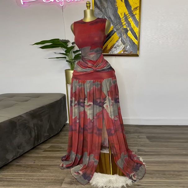 Women's Clothing Women's Clothing Spring New Sweet And Fresh Printed Round Neck High Waist Slit Dress Long Skirt_ecoleips.com
