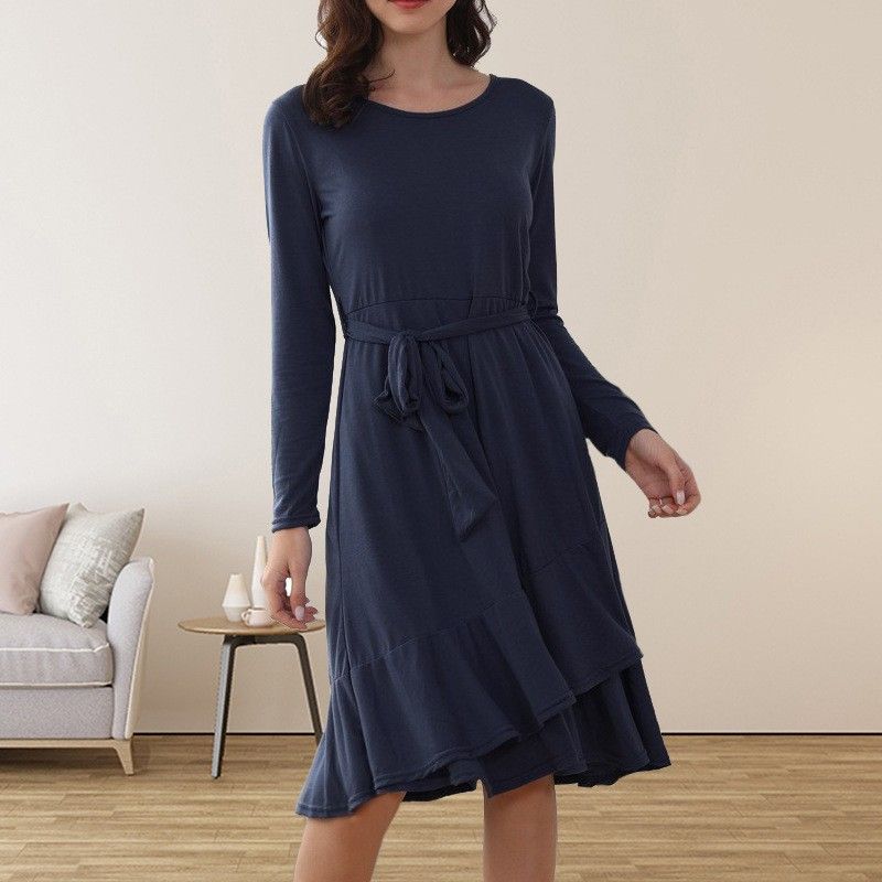 Women's Elegant Solid Color Long Sleeve Dress Slim Fit Crew Neck Mid Waist Belted Daily Evening Dresses_ecoleips.com
