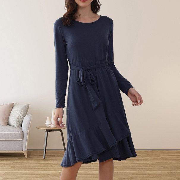 Women's Elegant Solid Color Long Sleeve Dress Slim Fit Crew Neck Mid Waist Belted Daily Evening Dresses_ecoleips.com
