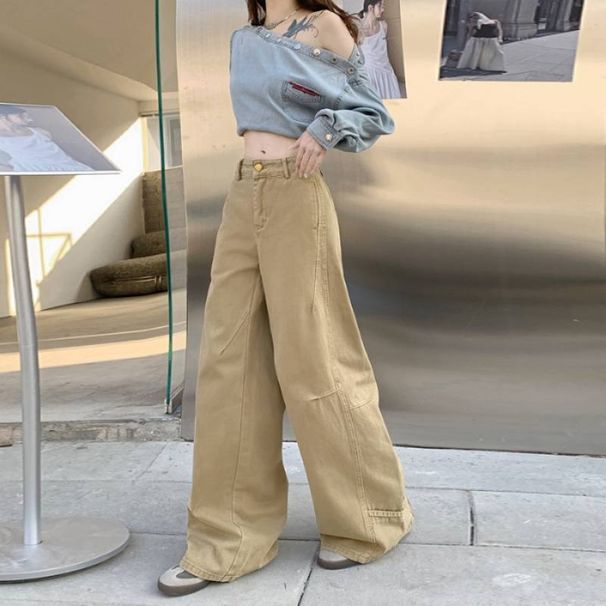 Wholesale American Retro Women's Jeans With A Unique Design, Patchwork Khaki Loose Wide-leg Straight Pants_ecoleips.com