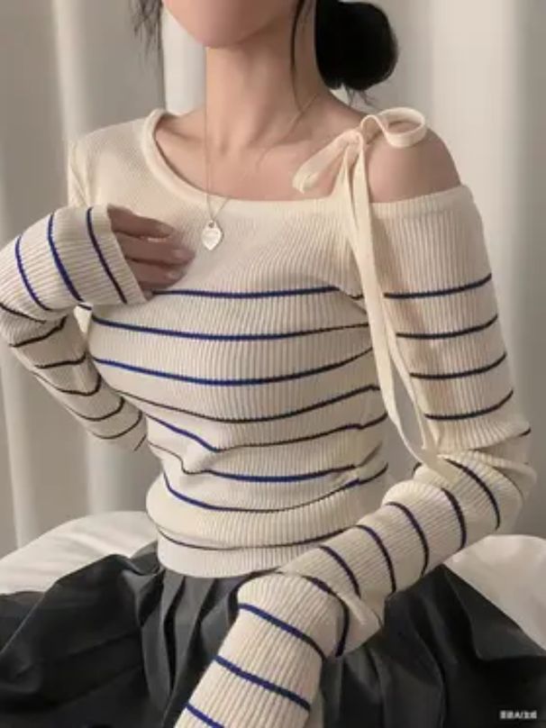 2026 New Women's Elegant Off-Shoulder Sweater T-Shirt Black White Striped With Adjustable Lace-Up Fall Winter Casual Chic Top_ecoleips.com