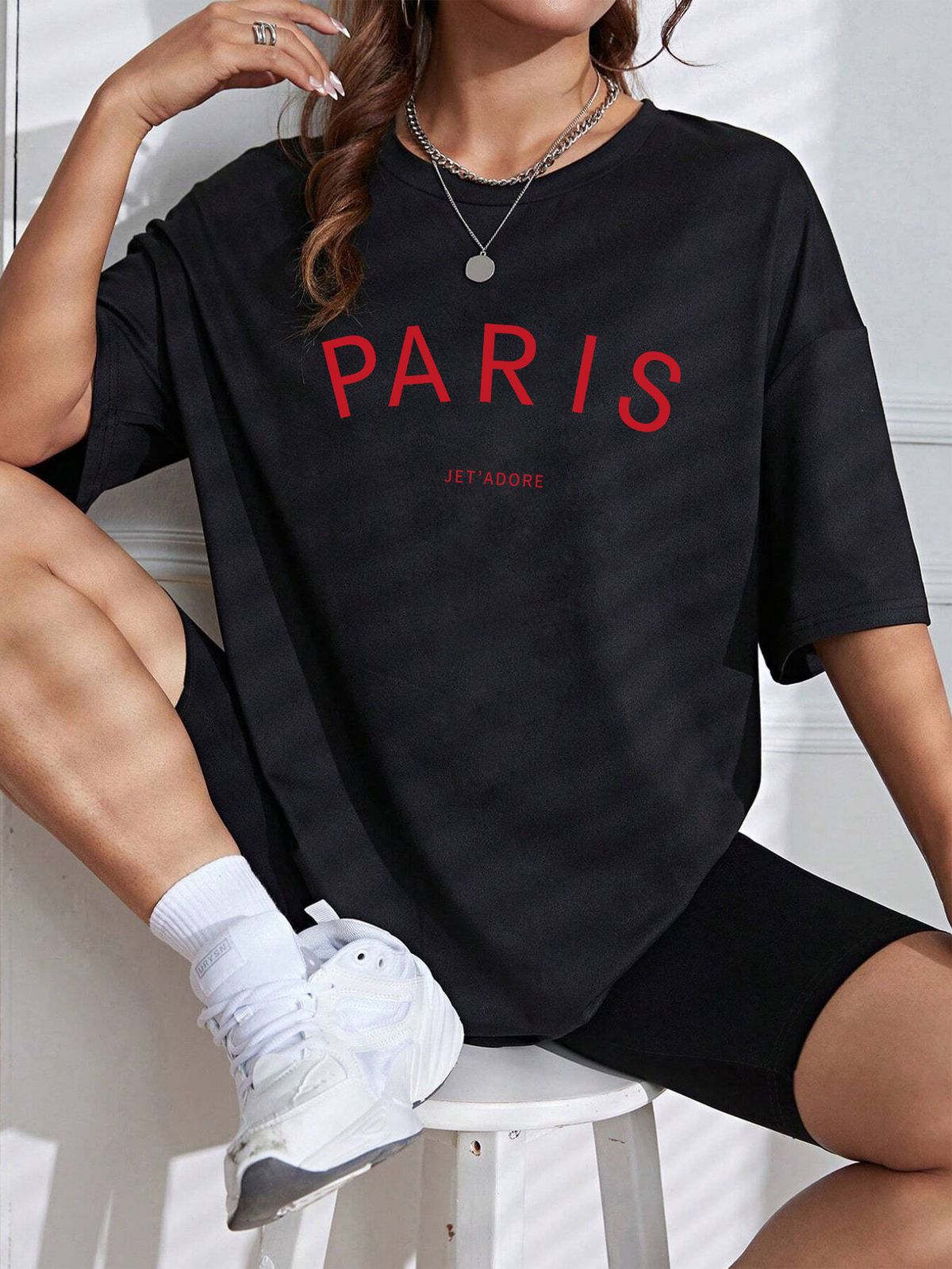 Women's Casual Black T-Shirt round Neck Short Sleeve Letter Print Loose Fit Summer Sports Top European American Style_ecoleips.com