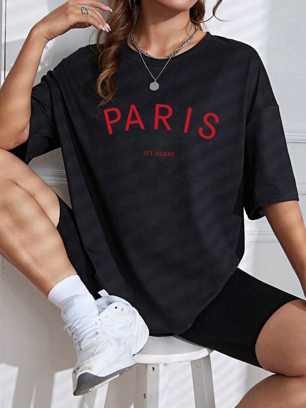 Women's Casual Black T-Shirt round Neck Short Sleeve Letter Print Loose Fit Summer Sports Top European American Style_ecoleips.com