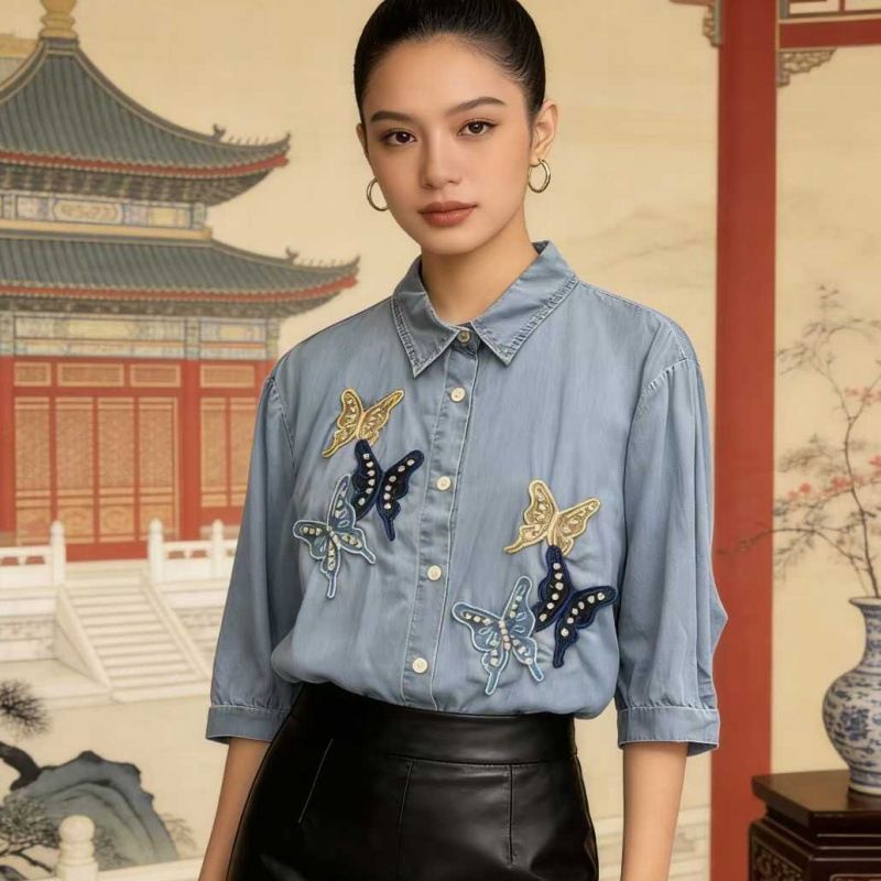 Women's Soft Denim Short Sleeved Shirt Three Dimensional Large Flower Sequin Embellished Cowhide New Style Top_ecoleips.com