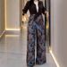 Women's Clothing Spring Women's Floral Print Two-Piece Set Tie-Waist Shirt Wide Leg Pants Style Long Sleeve For Formal & Casual_ecoleips.com