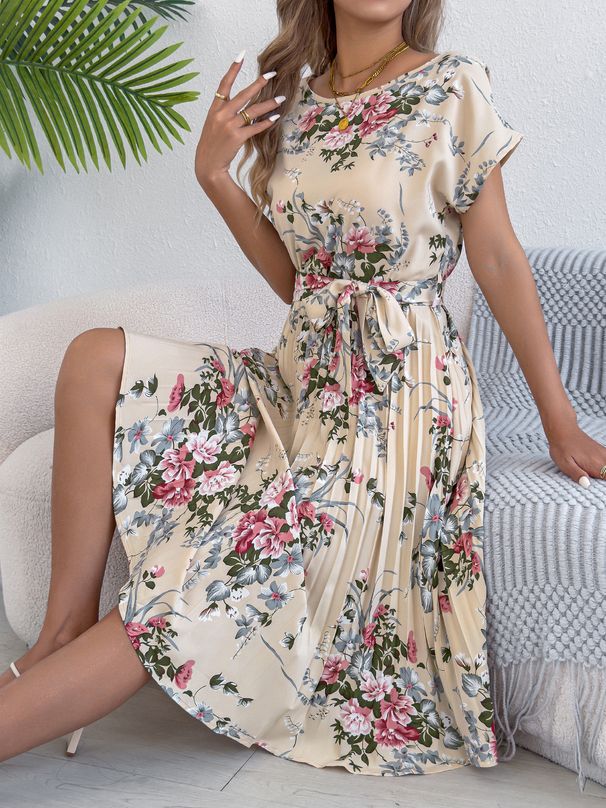 Real Shot Of 2026 Spring/Summer European And American Elegant Floral Batwing Sleeve Tie-waist Pleated Dress_ecoleips.com
