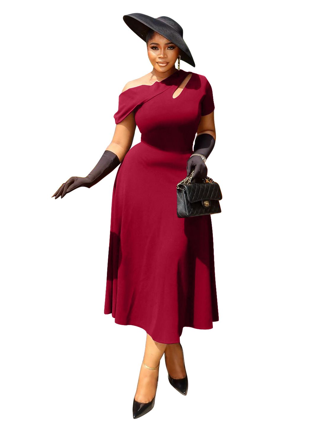 Women's Clothing Plus Size Clothes Asymmetrical Neckline Dress Slim Waist Hollowed Out Solid Color Summer Fashion American Style Casual_ecoleips.com