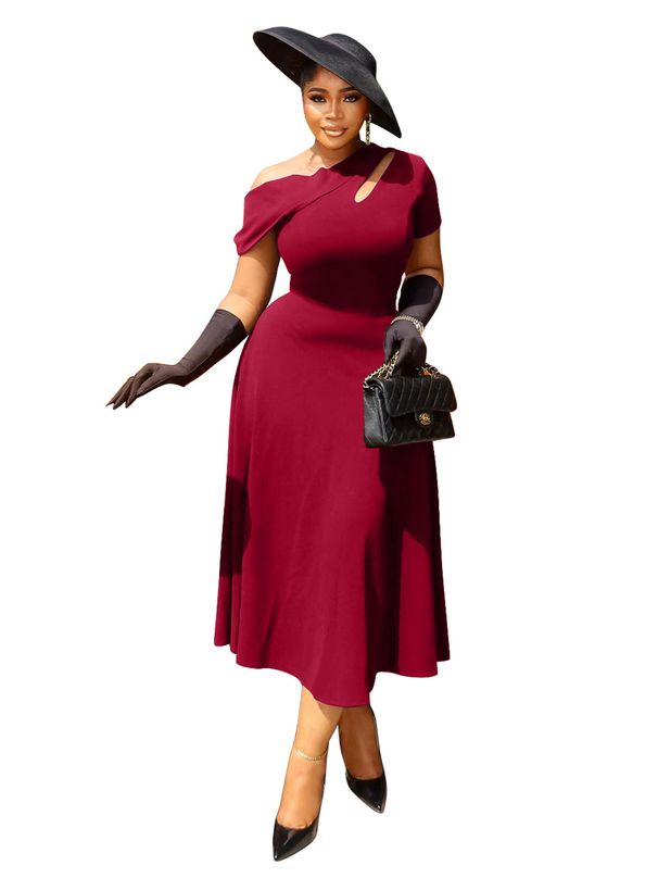 Women's Clothing Plus Size Clothes Asymmetrical Neckline Dress Slim Waist Hollowed Out Solid Color Summer Fashion American Style Casual_ecoleips.com