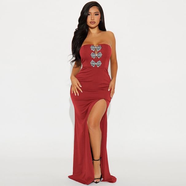 Women’s Clothing High Slit Long Skirt Diamond Bow Women's Party Tube Top Dress_ecoleips.com