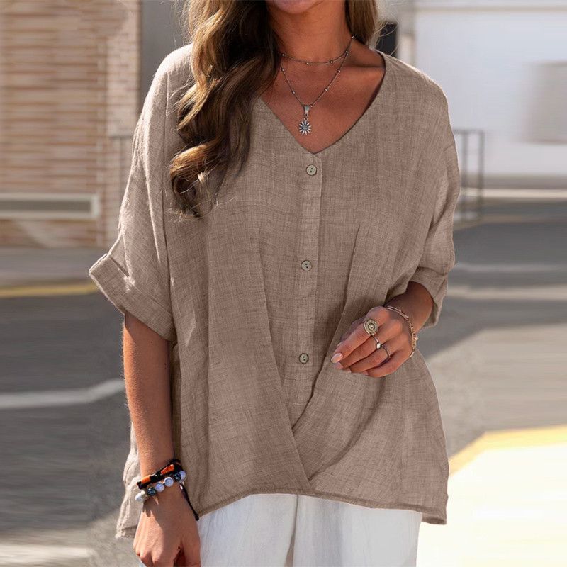 Women's Clothing cotton and linen V neck pullover short sleeved loose fitting women's shirt casual tops_ecoleips.com