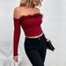 Voya Women's Sexy Christmas Wine Red T-shirt For Spring And Summer 2026 New Style One Shoulder Fur Collar Top_ecoleips.com