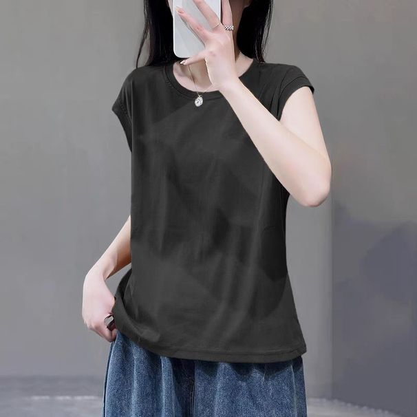 Artistic Vintage Summer Casual Crew Neck Short-Sleeve Top, Loose And Versatile, Chic Youthful, Lazy Style T-Shirt For Wo_ecoleips.com