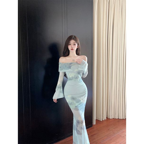 One-word Shoulder Mesh Yarn Long-sleeved Slim-fitting Hip-wrapped Fishtail Women's Dress Cheongsam Dress_ecoleips.com