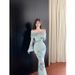 One-word Shoulder Mesh Yarn Long-sleeved Slim-fitting Hip-wrapped Fishtail Women's Dress Cheongsam Dress_ecoleips.com