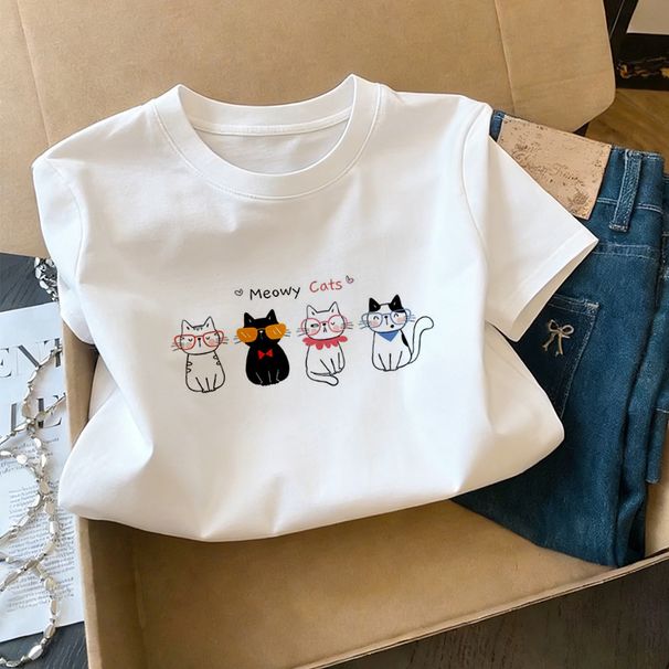 New Printed Loose Short-sleeved T-shirt Women's 2026 Summer Cotton Round Neck Half-sleeved T-shirt Top_ecoleips.com