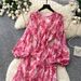 Women's French Style Floral Print Dress Korean Long Sleeve Fitted Waist a Line Elegant Sophisticated Resort Inspired Spring Autumn_ecoleips.com
