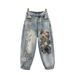 Heavy-duty Rhinestone For Women, Baggy Jeans, New Elastic High Waist, Loose Fit, Slimming, Printed Dad Jeans_ecoleips.com