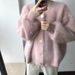 Women's Mohair Blend Cardigan - Fluffy Faux Shearling Open Front Sweater, Oversized Peach Pink Knit Coat For Spring & Fall_ecoleips.com