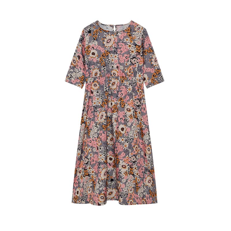 Spring Summer Printed Round Neck Casual Set Loose Long Dress With Pockets Middle Sleeve Cross-Border Women's Fashion_ecoleips.com