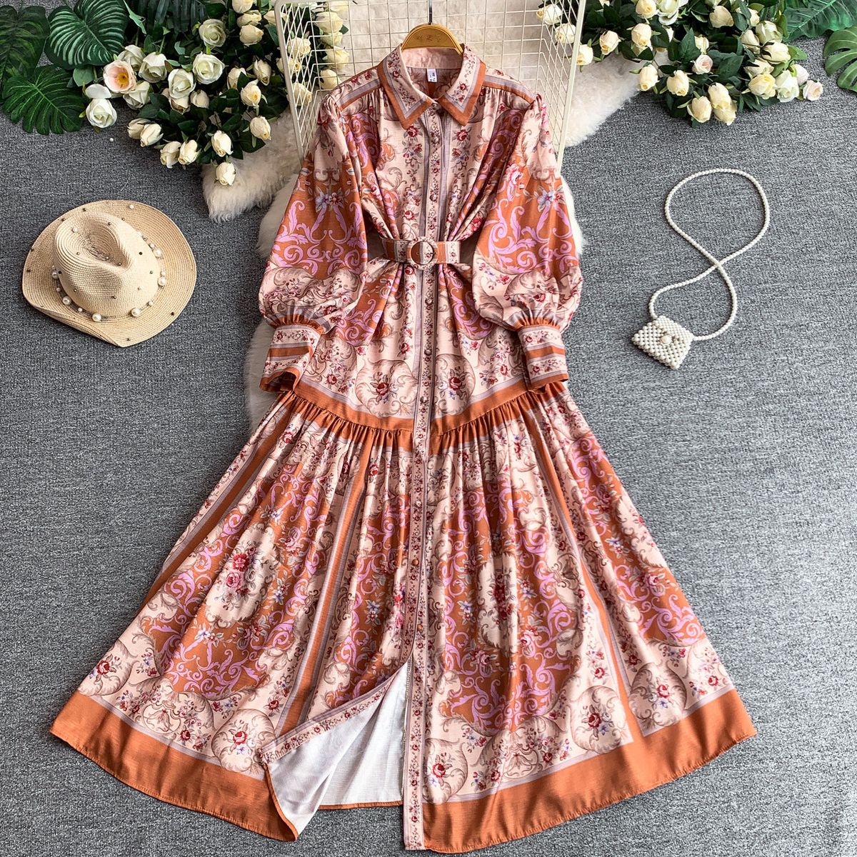 French Court-Style Vintage Floral Dress – Puff Sleeves, Button-Down Front, Wrap Waist With Ties, Pleated Maxi Dress For Women, Elegant & Timeless_ecoleips.com