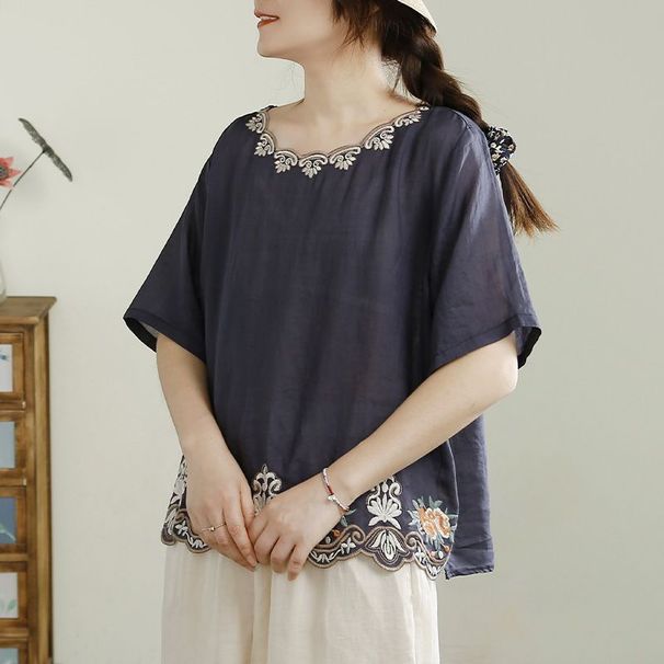 Heavy-Work, Exquisite Embroidered Mid-Sleeve Short-Sleeve Cotton-Linen Top, Summer Mom's Wear, Loose Casual T-Shirt For_ecoleips.com