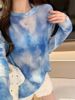 Recommended~ Korean-Style Blue Tie-Dye Printed Long-Sleeve Top With Chest Pads For Women, Suitable For Early Autumn_ecoleips.com